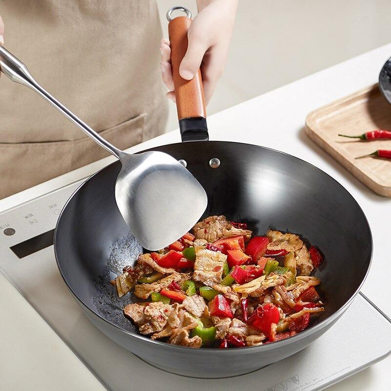 Wok Traditionnel Chinois Manche Cerisier 32cm - Compatible Tous Feux Vitrocéramique