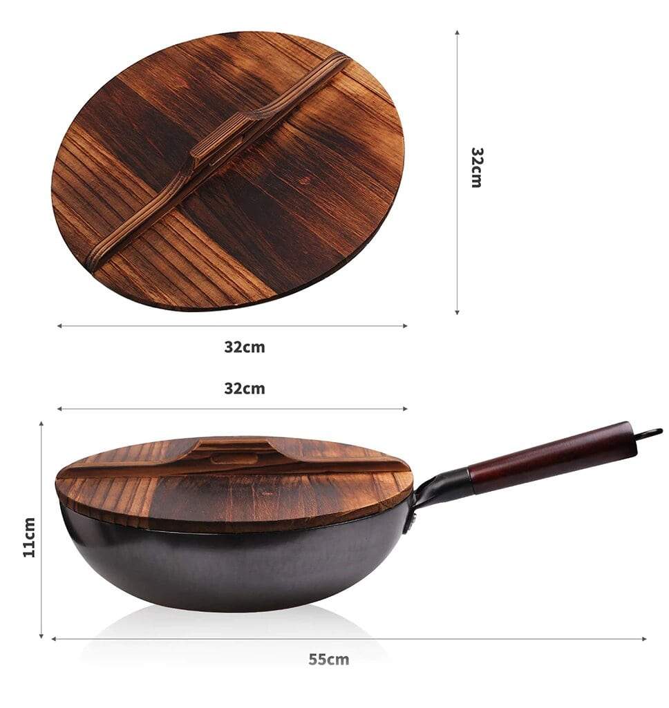 Wok Chinois Grand Format 32cm avec Couvercle Bois - Cuisine Traditionnelle Asiatique