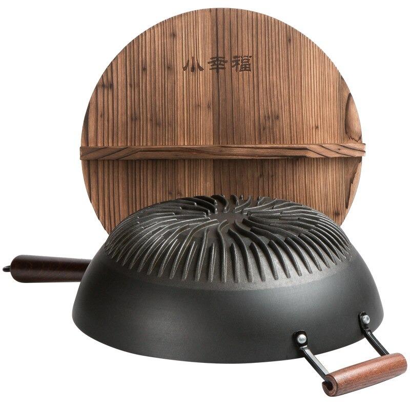 Wok Traditionnel Chinois en Fonte Manche Bois - Cuisson Asiatique Tous Feux Induction