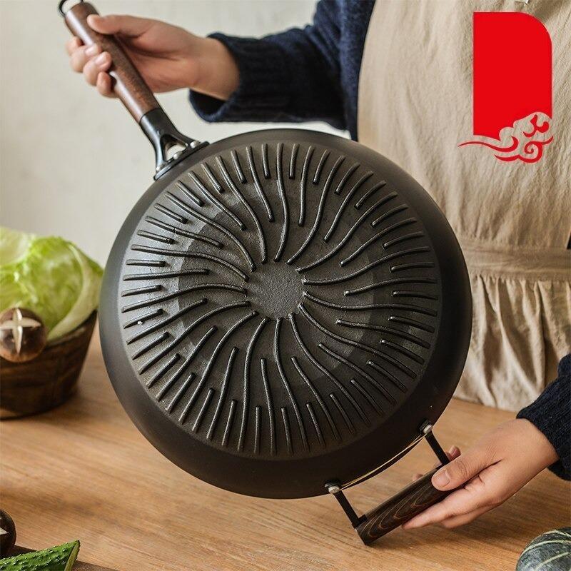 Wok Traditionnel Chinois en Fonte Manche Bois - Cuisson Asiatique Tous Feux Induction