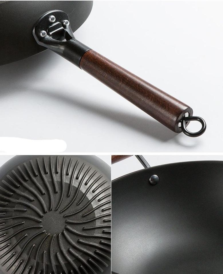 Wok Traditionnel Chinois en Fonte Manche Bois - Cuisson Asiatique Tous Feux Induction